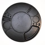 Spinning Rolling Tray: Black, round wooden platform with divided sections, showcasing hand-machined craftsmanship and a rotating base for organized, accessible use.
