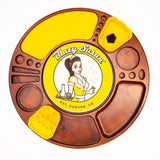 Blazy Susan Spinning Rolling Tray: Round wood-grain tray with multi-compartments, silicone liners, and retro waitress logo, featuring a rotating base for easy access.