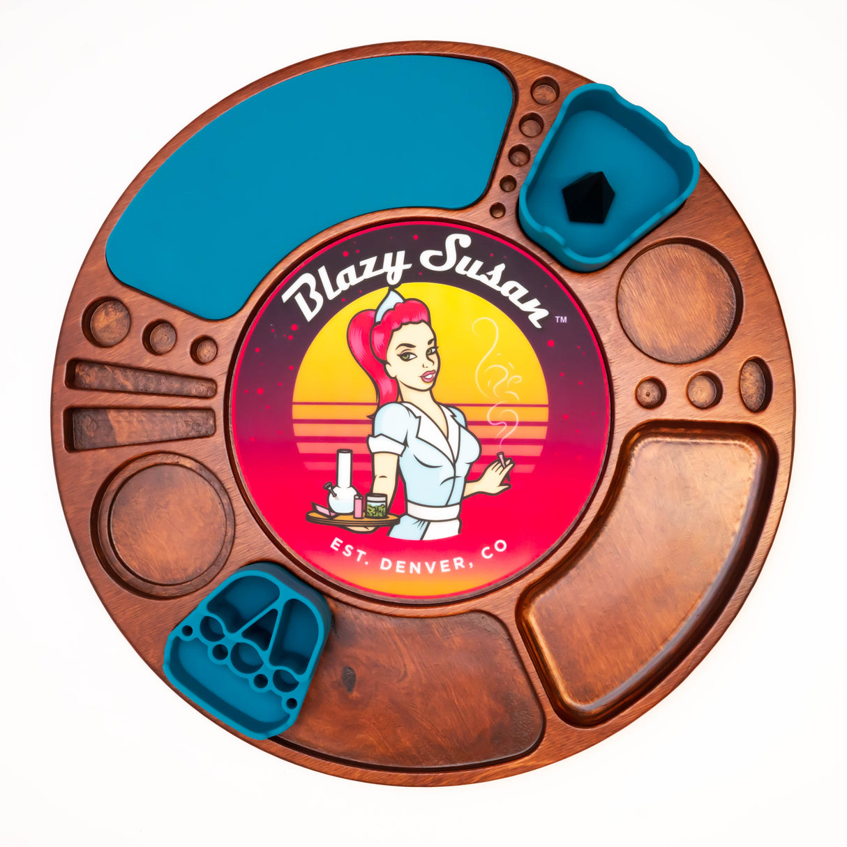 Blazy Susan Spinning Rolling Tray, round wooden platter with built-in compartments, blue silicone inserts, and a central retro-pinup logo, designed for organized herb and tool display.