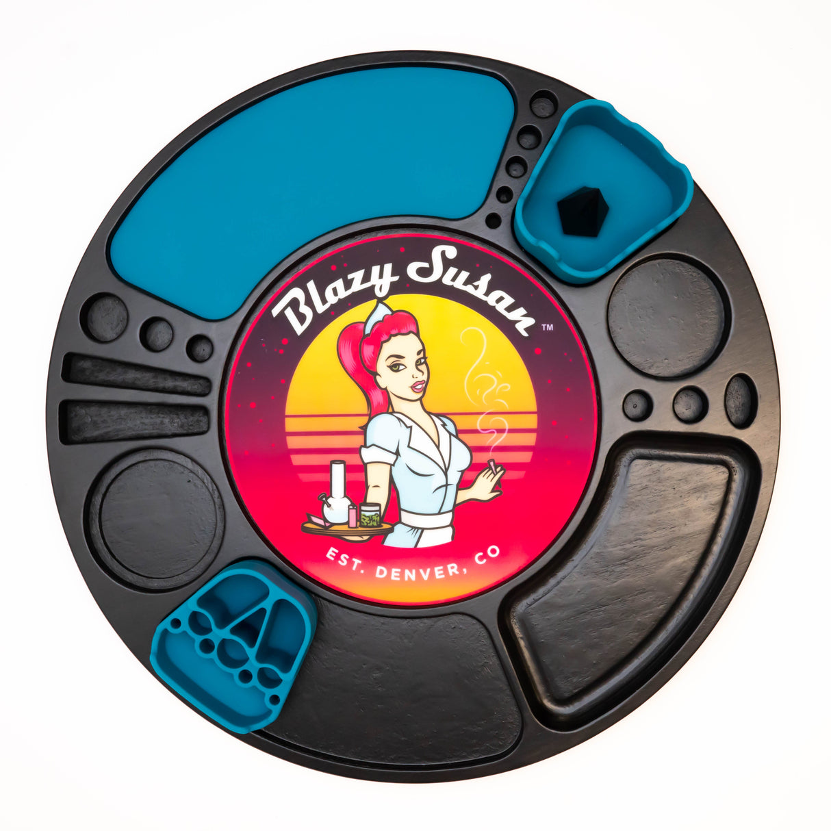 Spinning Rolling Tray: A versatile round tray with recessed compartments, removable blue silicone inserts, and a central Blazy Susan logo, designed for organizing and prepping herbs.