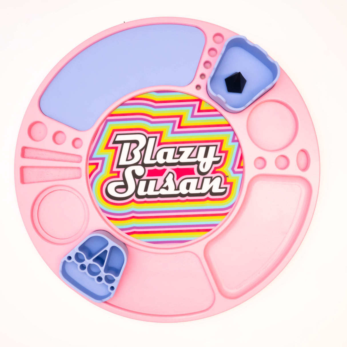 Pink Blazy Susan Spinning Rolling Tray with compartments for crafts, featuring a colorful logo and removable silicone bowls, designed for organized accessibility.