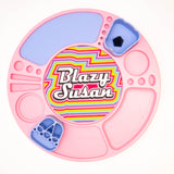 Pink Blazy Susan Spinning Rolling Tray with compartments for crafts, featuring a colorful logo and removable silicone bowls, designed for organized accessibility.