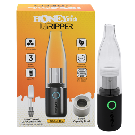 HoneyStick Lil Ripper E-Rig in packaging, showcasing its sleek black and silver design with accessories visible, tailored for wax and dry herb vaping.