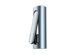 PAX FLOW Dry Herb Vaporizer, sleek silver-blue cylindrical design, featuring PAX logo on clip mouthpiece and circular power button, ideal for smooth, portable vaping.
