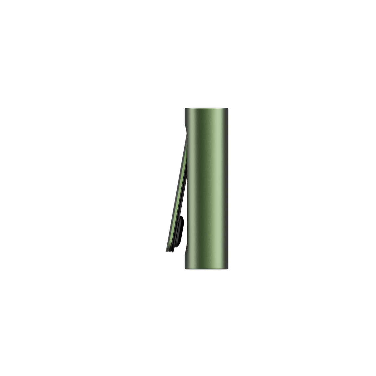 PAX FLOW vaporizer, olive-green anodized aluminum cylinder with black pocket clip, showcasing its sleek, portable design for dry herb use.