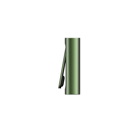 PAX FLOW vaporizer, olive-green anodized aluminum cylinder with black pocket clip, showcasing its sleek, portable design for dry herb use.