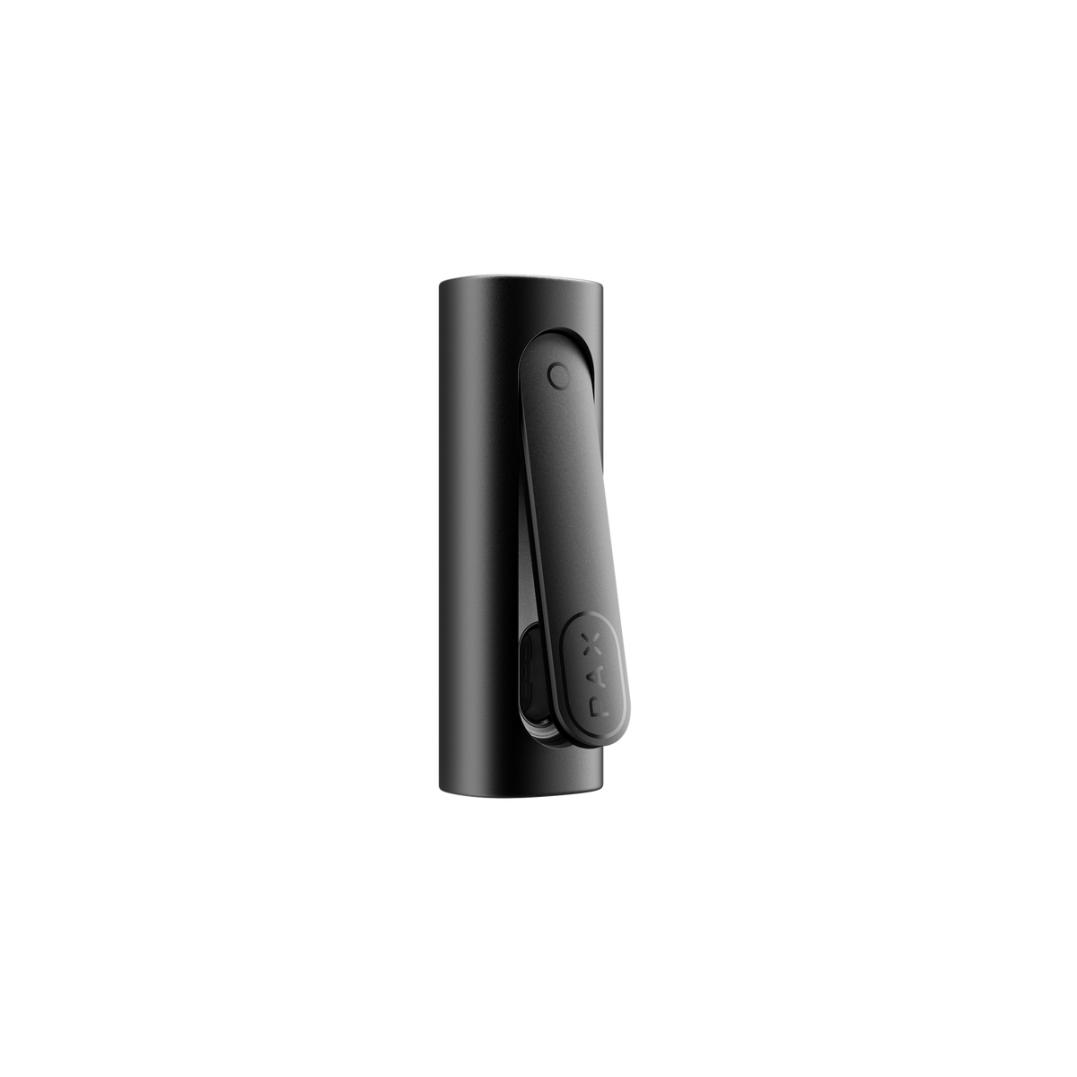 PAX FLOW Dry Herb Vaporizer, black cylindrical design with folding clip, showcases sleek portability and advanced features for smooth, powerful draws.