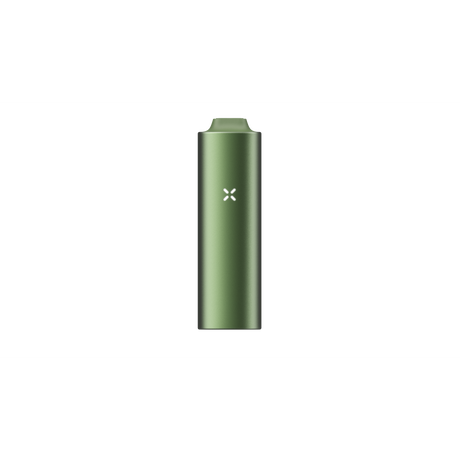 PAX FLOW pocket-sized vaporizer, olive-green, featuring X-shaped LED, magnetic mouthpiece; advanced device with strong draw and hybrid heating for smooth, flavorful vapor.