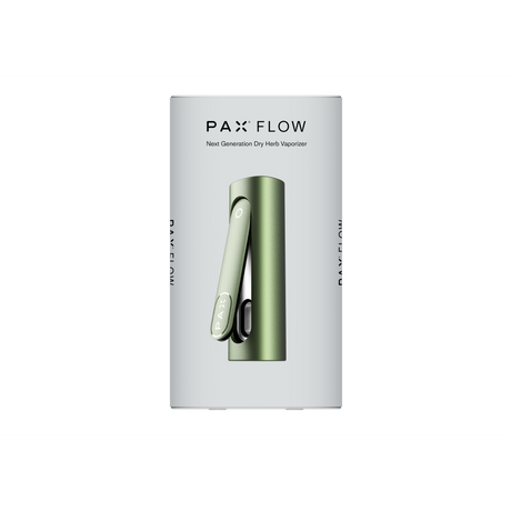 PAX FLOW retail packaging featuring the muted green vaporizer, logo, and tagline Next Generation Dry Herb Vaporizer, showcasing its advanced features and compact design.
