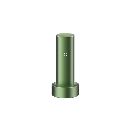 PAX FLOW vaporizer in olive-green sits in its matching charging dock, showcasing its X LED indicator, epitomizing advanced dry herb vaping technology.