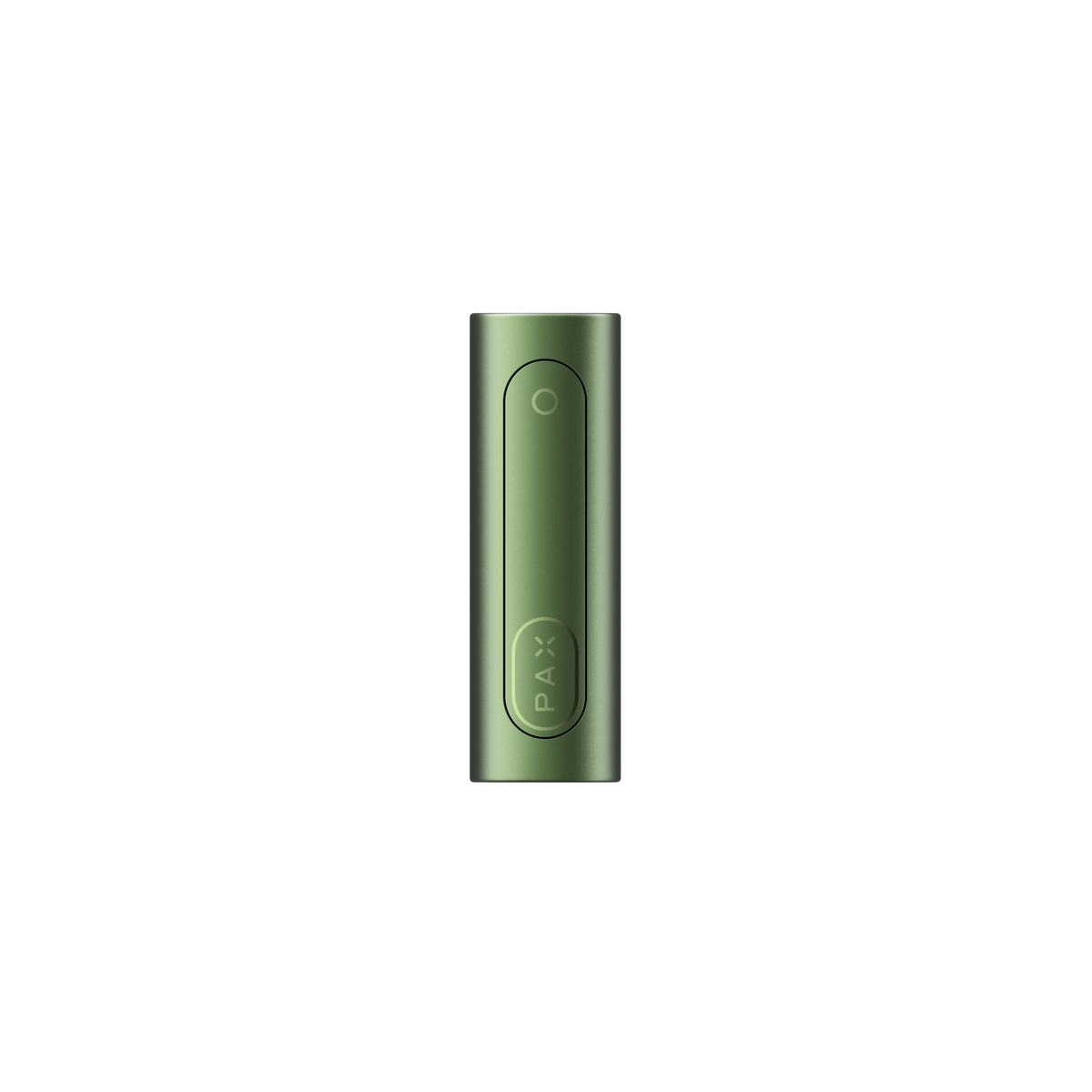PAX FLOW vaporizer with metallic-green finish, featuring a compact design, circular status light, and tapered mouthpiece, exemplifying advanced portable dry herb technology.