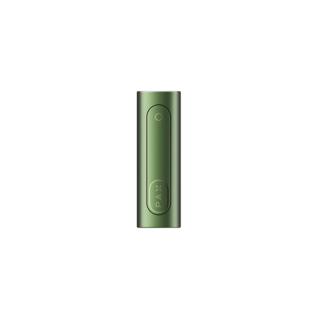 PAX FLOW vaporizer with metallic-green finish, featuring a compact design, circular status light, and tapered mouthpiece, exemplifying advanced portable dry herb technology.