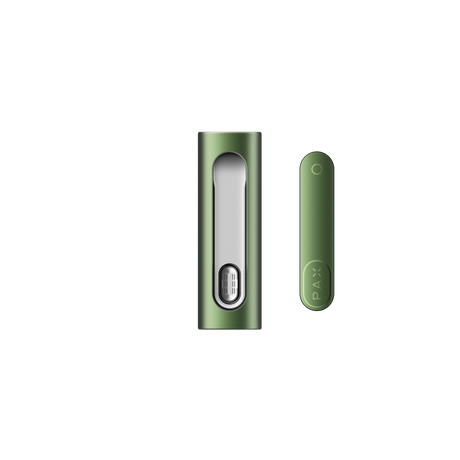 PAX FLOW components: magnetic charging chamber and PAX Era pod, forming a compact oil-vaporizer for smooth, flavorful vapor.