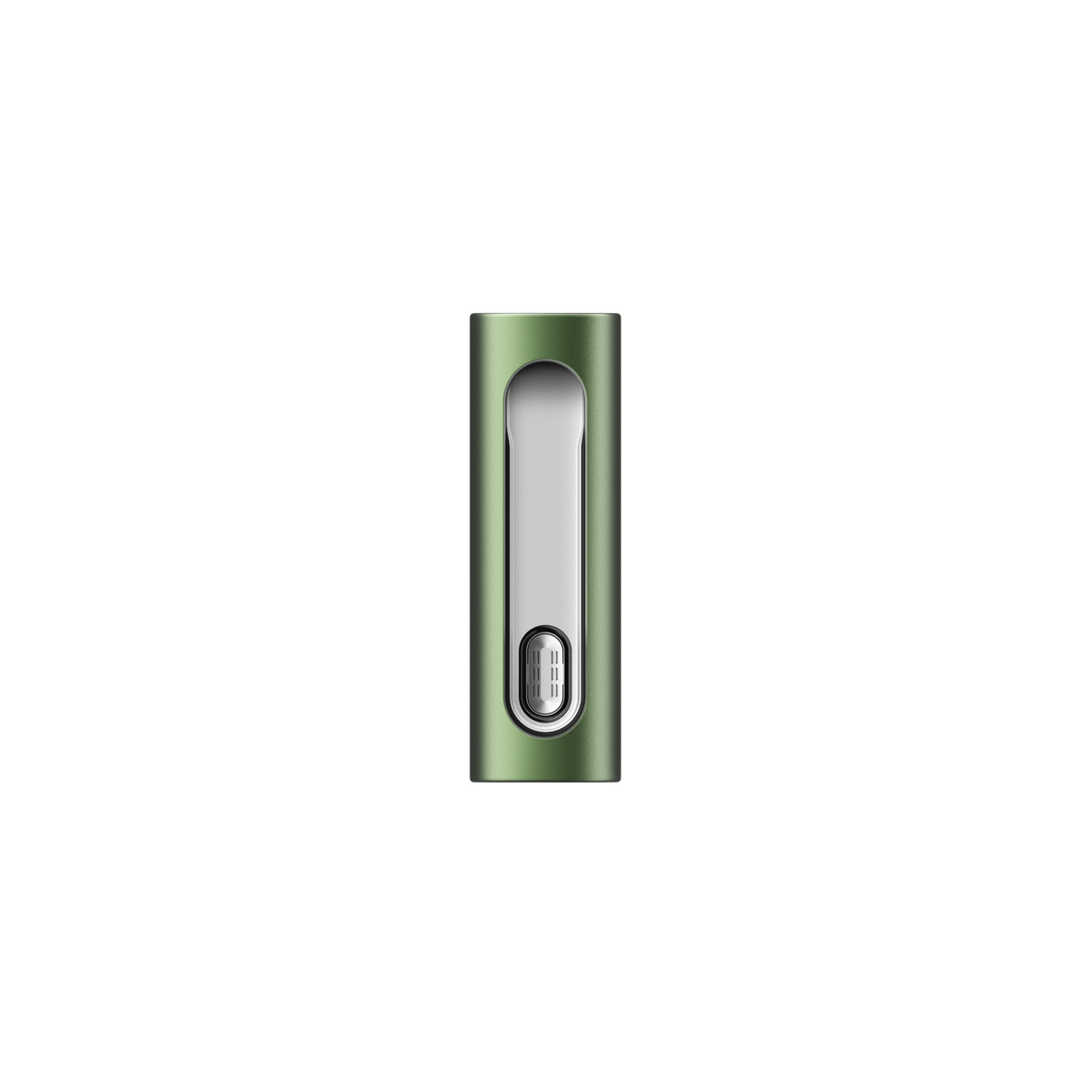 PAX FLOW: Compact, green anodized-aluminum dry herb vaporizer with a recessed silver face and USB-C-like connector at the base for charging.
