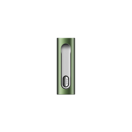 PAX FLOW: Compact, green anodized-aluminum dry herb vaporizer with a recessed silver face and USB-C-like connector at the base for charging.