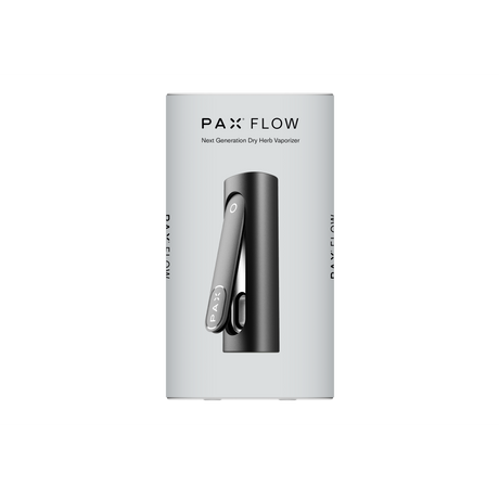 PAX FLOW retail packaging featuring the sleek black vaporizer with hinged mouthpiece, emphasizing its advanced design and next-generation dry herb vaporizing capability.