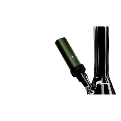 PAX FLOW Dry Herb Vaporizer connected to a glass bong via adapter, showcasing its sleek design and four-petal LED indicator, highlighting advanced vaporization technology.