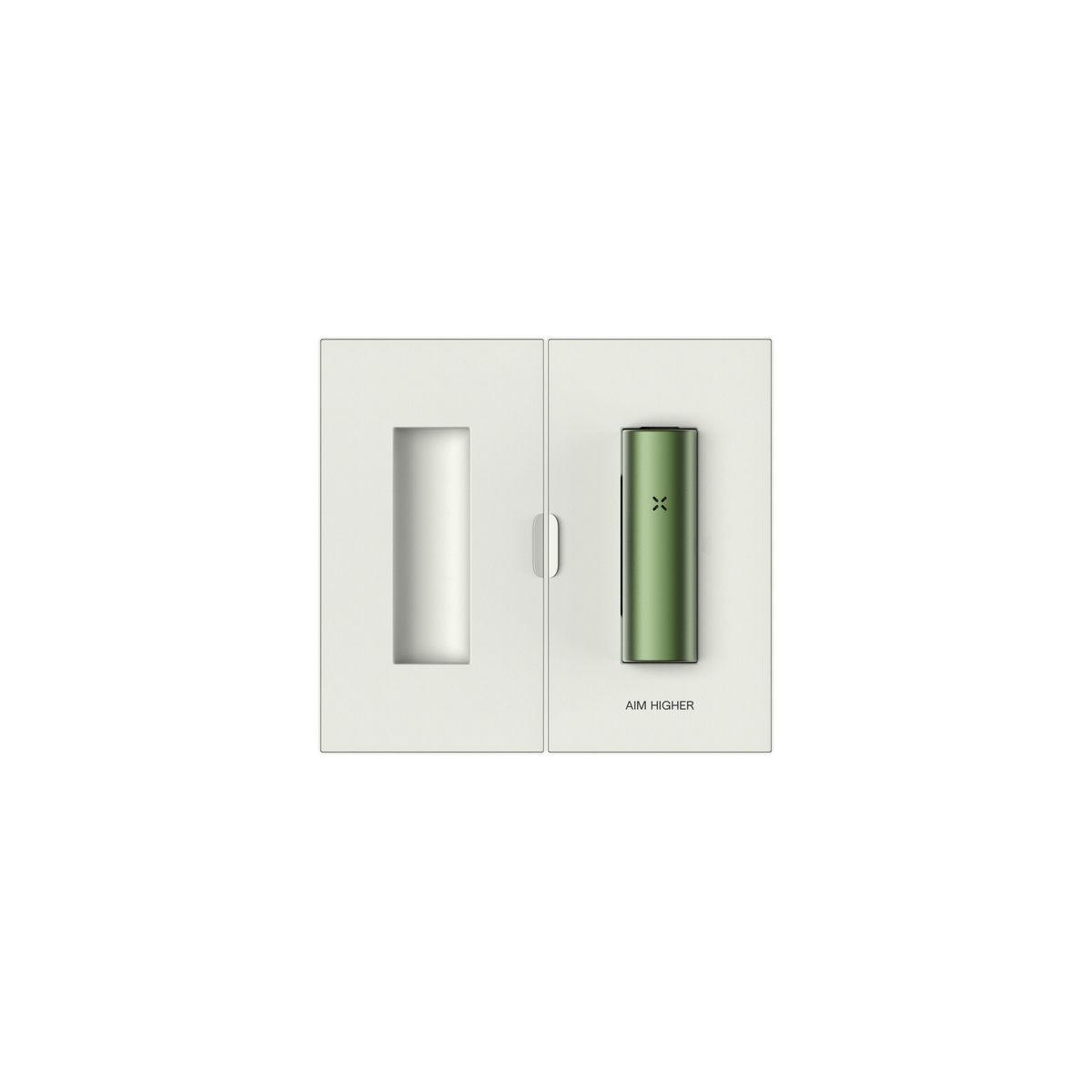 PAX FLOW packaging open, showcasing an olive-green vaporizer with LED X logo and AIM HIGHER text, highlighting its sleek, minimalist design.
