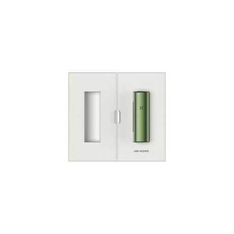 PAX FLOW packaging open, showcasing an olive-green vaporizer with LED X logo and AIM HIGHER text, highlighting its sleek, minimalist design.