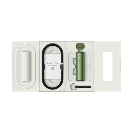 Pax Dry Herb Vaporizer in Greenstone color. Open white box with accessories