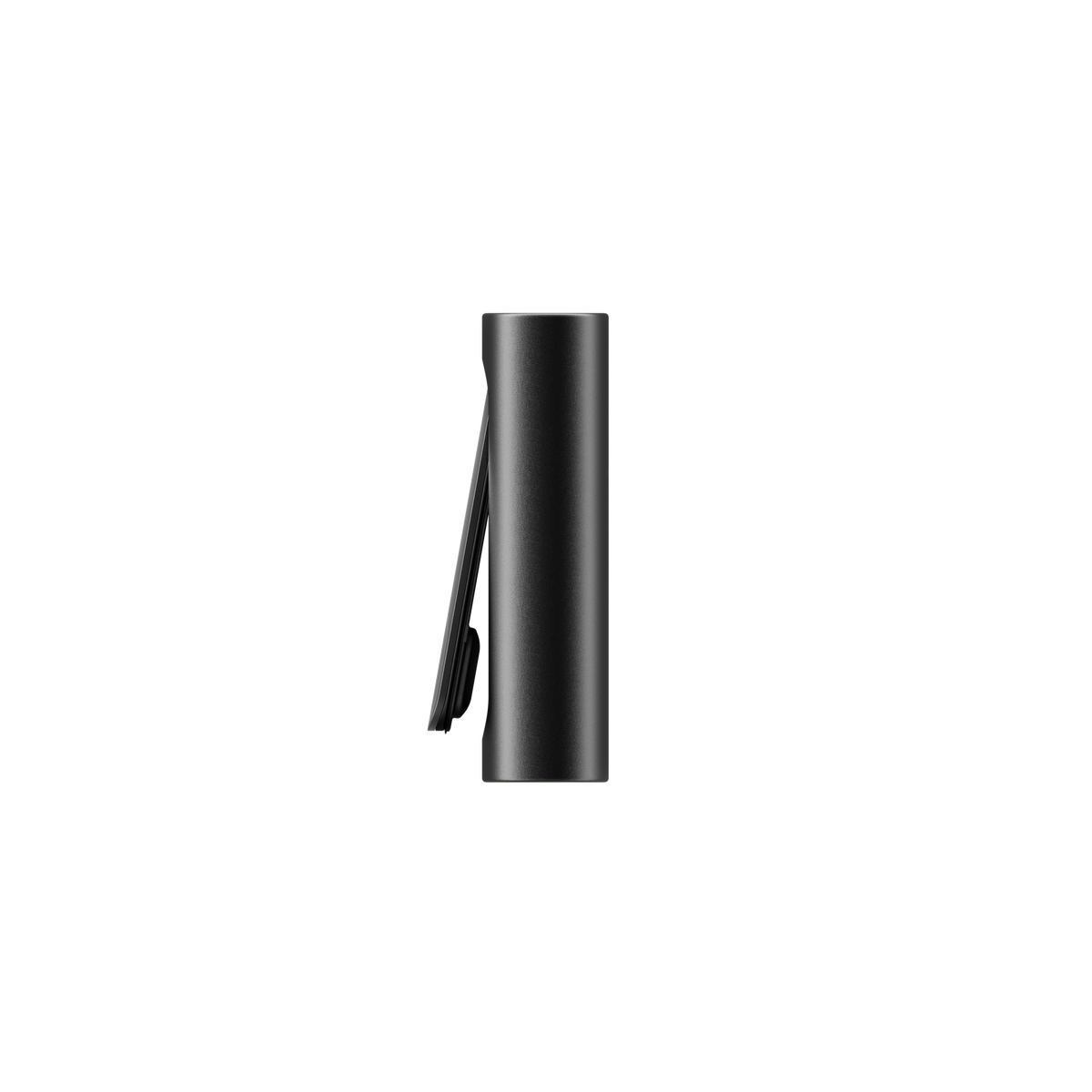Side-profile of the PAX FLOW, a slim, matte-black dry herb vaporizer with a spring-steel clip, showcasing its portable, pocket-friendly design.