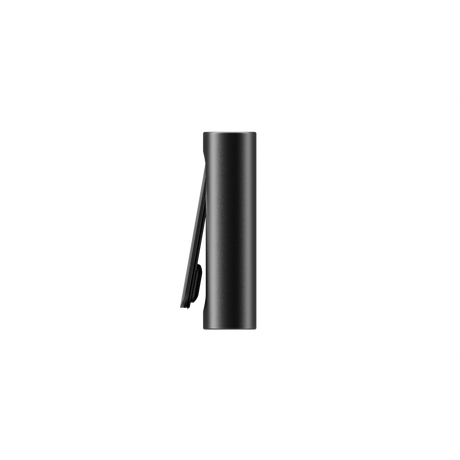 Side-profile of the PAX FLOW, a slim, matte-black dry herb vaporizer with a spring-steel clip, showcasing its portable, pocket-friendly design.