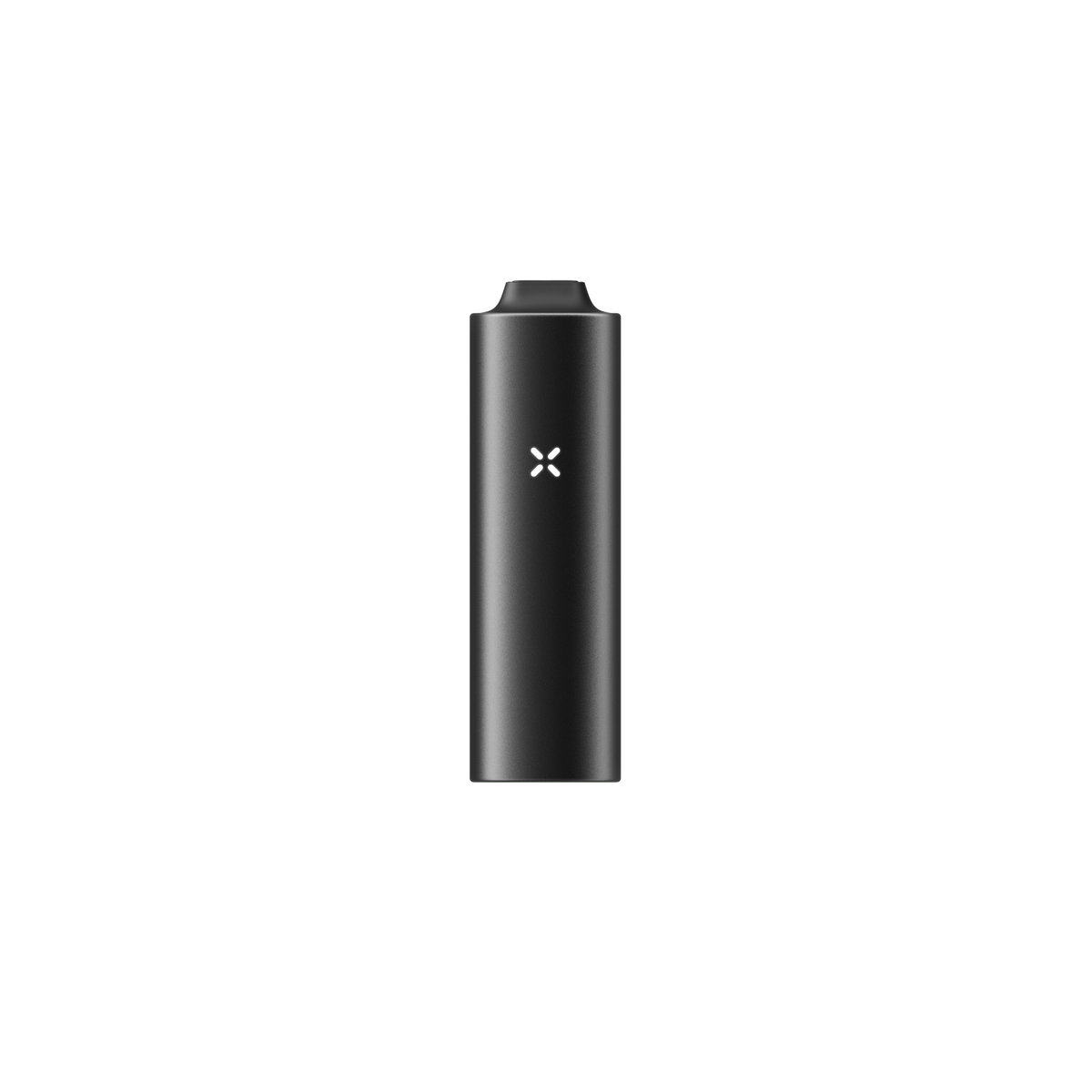 PAX FLOW vaporizer, matte-black cylindrical design with white X LED indicator, features a tapered mouthpiece, showcasing its advanced dry herb vaping technology.