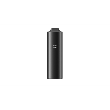 PAX FLOW vaporizer, matte-black cylindrical design with white X LED indicator, features a tapered mouthpiece, showcasing its advanced dry herb vaping technology.