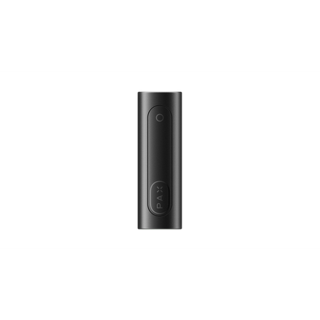 PAX FLOW black portable vaporizer battery with pill-shaped design, circular LED button, and oval logo button, highlighting advanced dry herb vaporization technology.