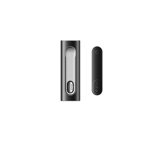 PAX FLOW components: Left, charging dock with sliding door; right, slim battery/pod unit with LED, showcasing PAX's advanced vaporizer design and functionality.