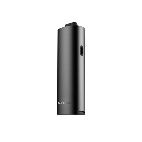 PAX FOUR portable vaporizer in black, featuring a pill-shaped alloy chassis, USB-C charging port, and PAX FOUR logo near the base.