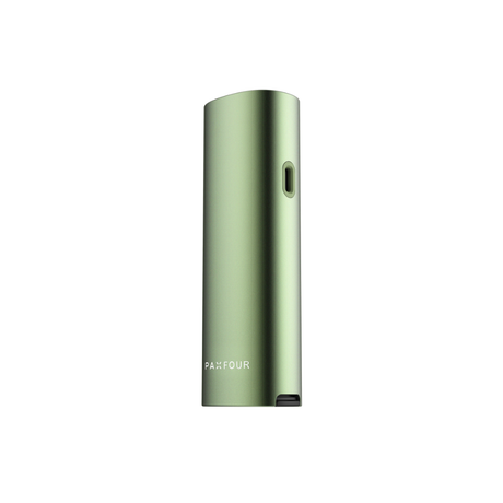 Green, cylindrical PAX FOUR vaporizer with PAX FOUR label, featuring improved airflow, hybrid heating, and precision control for enhanced vapor production and user convenience.