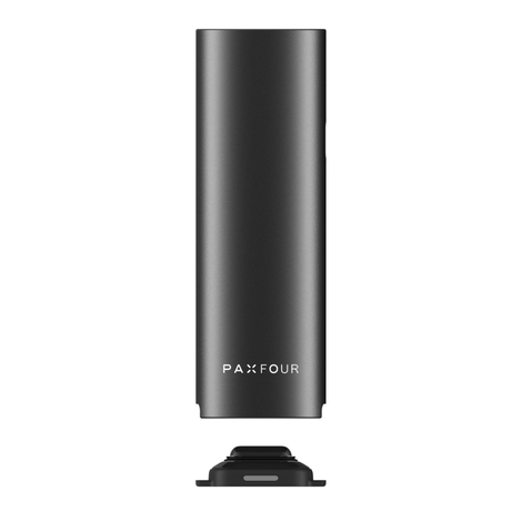 PAX FOUR vaporizer with matte-black finish, featuring branding and detachable magnetic mouthpiece; designed for enhanced vapor production and precision control.