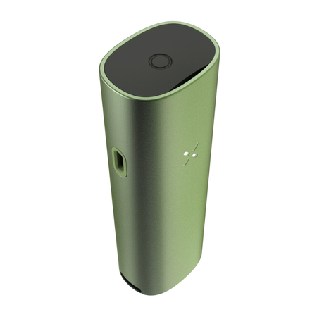PAX FOUR vaporizer with olive-green anodized-aluminum body, black top button, USB port, and four status LEDs. Compact design for powerful vapor production.