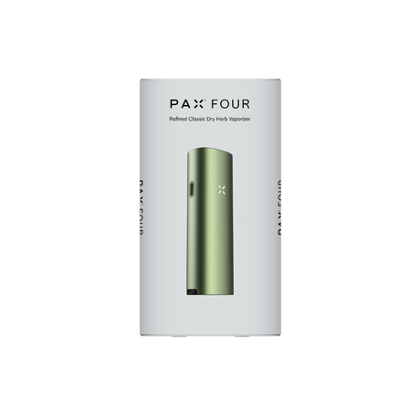 PAX FOUR packaging displays the metallic-green vaporizer with illuminated “X” logo, emphasizing its powerful performance and refined design for dry herb vaporizing.