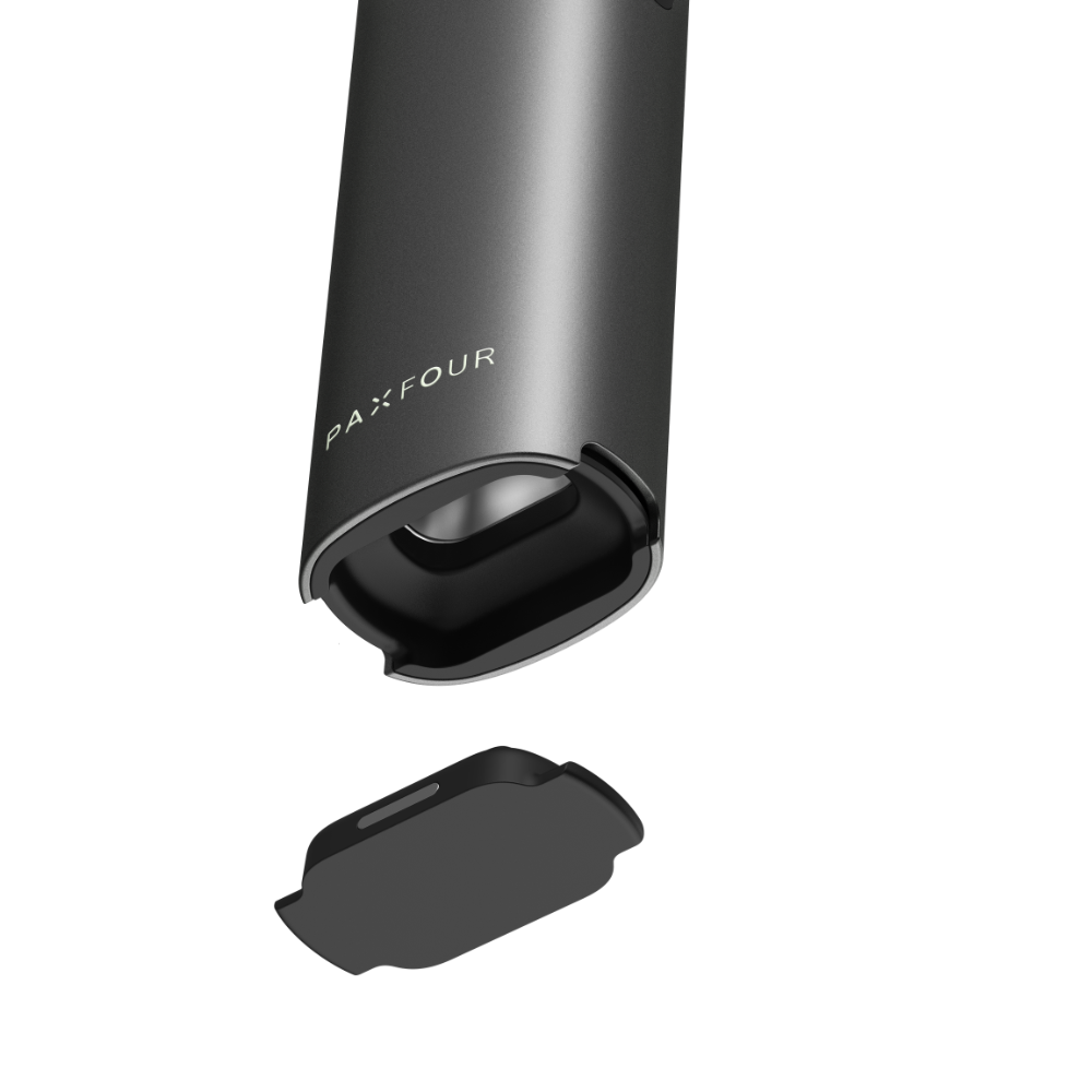 PAX FOUR portable dry-herb vaporizer with oven door removed, revealing the heating chamber, showcasing its advanced design for enhanced vapor production and user convenience.