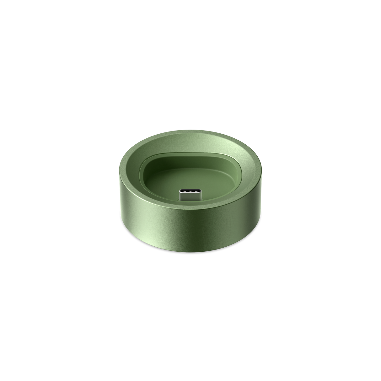 PAX FLOW Charging Dock: Circular aluminum dock with a USB-C connector, designed to hold and charge PAX FLOW devices upright efficiently.