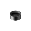 PAX FLOW Charging Dock: A sleek, matte black circular dock with USB-C plug, designed for efficient charging and organization of the PAX FLOW device.