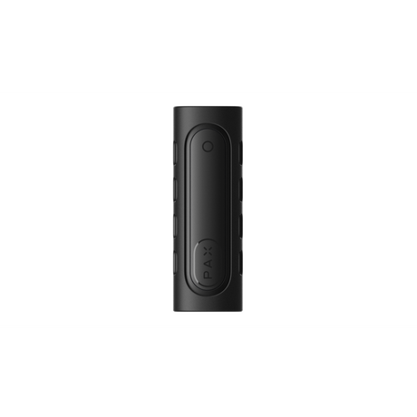 PAX FLOW Grip Sleeve - Onyx: Matte-black vaporizer with custom-fit silicone sleeve, enhancing grip and protection, featuring embossed PAX logo and circular LED/button on top.