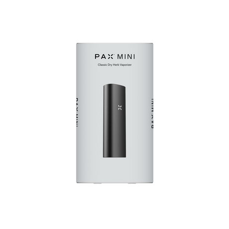 PAX Mini Classic Dry Herb Vaporizer packaging displaying a compact, matte-black device with illuminated logo, highlighting portability and advanced heat control for smooth, flavorful sessions.