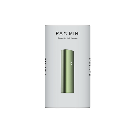 PAX Mini Classic Dry Herb Vaporizer package featuring the green vaporizer, highlighting its compact size and advanced features for smooth, flavorful sessions.