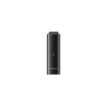 PAX Mini 2 vaporizer, compact black body with gold contact pins, designed for smooth, flavorful dry herb sessions. Features smart heat control and quick USB-C charging.