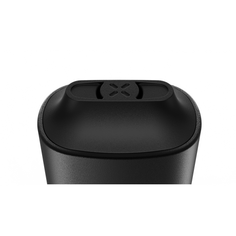 Close-up of the PAX Mini, a matte-black, cylindrical dry herb vaporizer with a removable lid featuring an X-pattern vent, designed for portable, flavorful sessions.