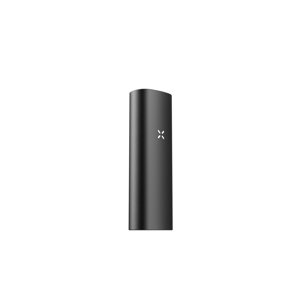 PAX Mini 2 vaporizer in matte black, pocket-sized with four-petal LED logo, showcasing sleek design and compact form factor against a black background.