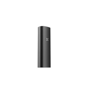 PAX Mini 2 vaporizer in matte black, pocket-sized with four-petal LED logo, showcasing sleek design and compact form factor against a black background.