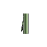 PAX FLOW vaporizer, olive-green anodized aluminum cylinder with black pocket clip, showcasing its sleek, portable design for dry herb use.