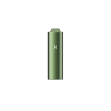 PAX FLOW pocket-sized vaporizer, olive-green, featuring X-shaped LED, magnetic mouthpiece; advanced device with strong draw and hybrid heating for smooth, flavorful vapor.