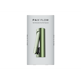 PAX FLOW retail packaging featuring the muted green vaporizer, logo, and tagline Next Generation Dry Herb Vaporizer, showcasing its advanced features and compact design.