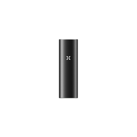 PAX FLOW portable vaporizer battery, matte black cylinder-rectangle with an X-shaped LED indicator, highlighting advanced dry herb vaporization technology.