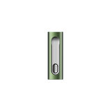 PAX FLOW: Compact, green anodized-aluminum dry herb vaporizer with a recessed silver face and USB-C-like connector at the base for charging.